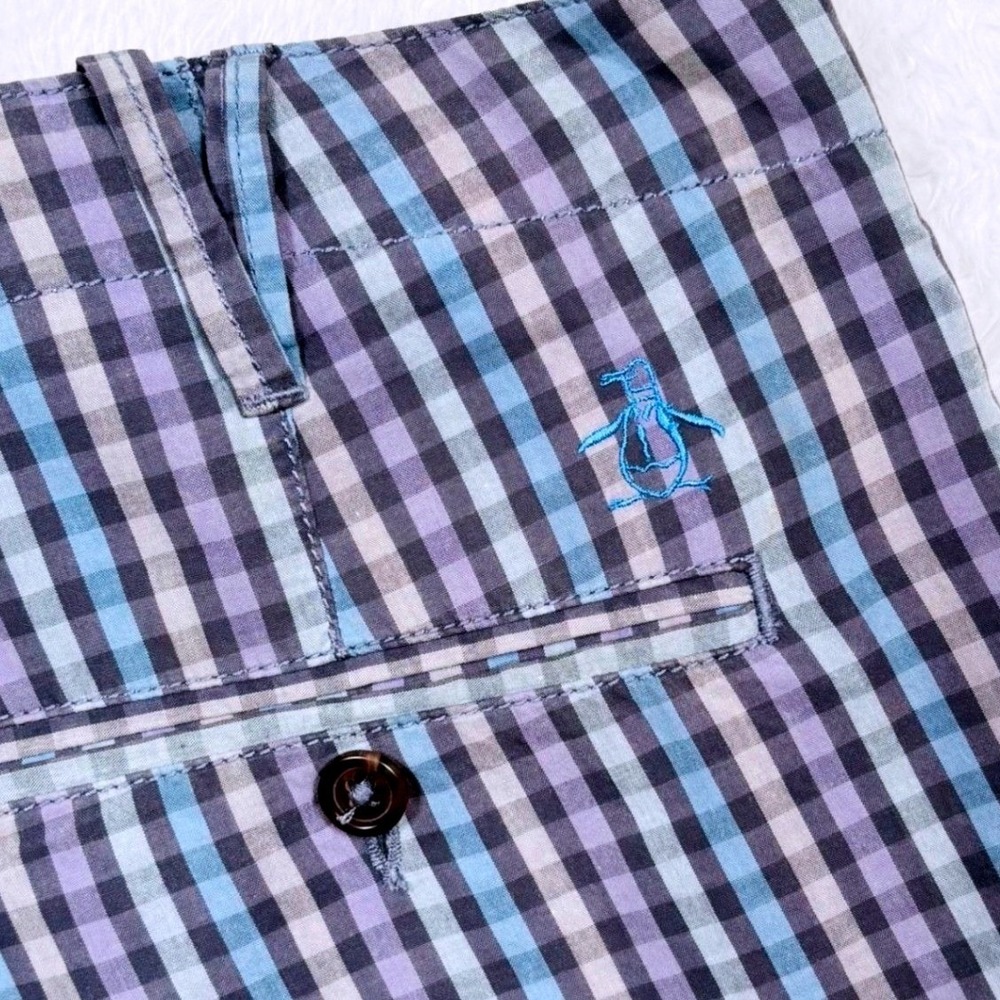 Original Penguin Chino Short Men 32 (FIT 34) Purple Blue Gingham Check Golf Logo